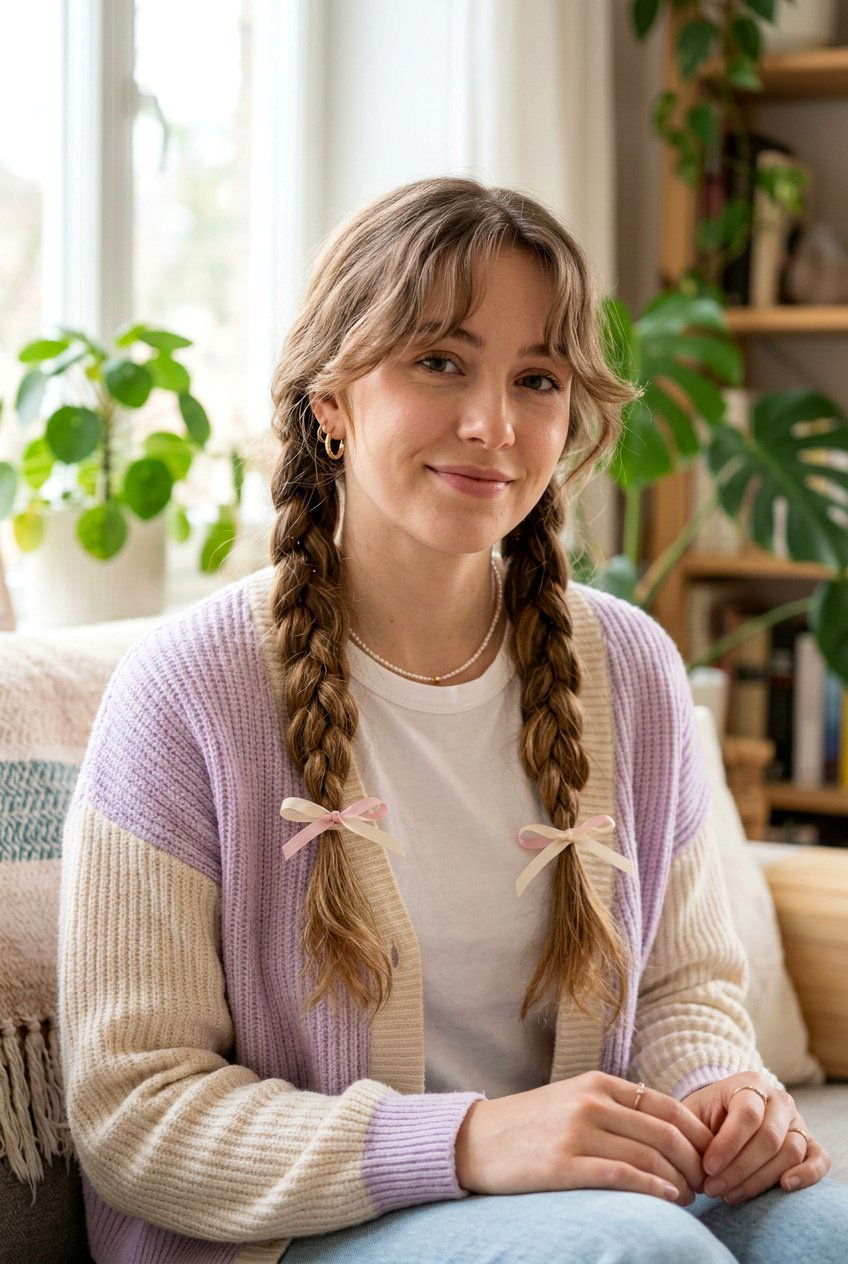 Soft Girl Braided Pigtails With Face Framing Bangs - 20 soft girl hairstyles - 20 soft girl hairstyles