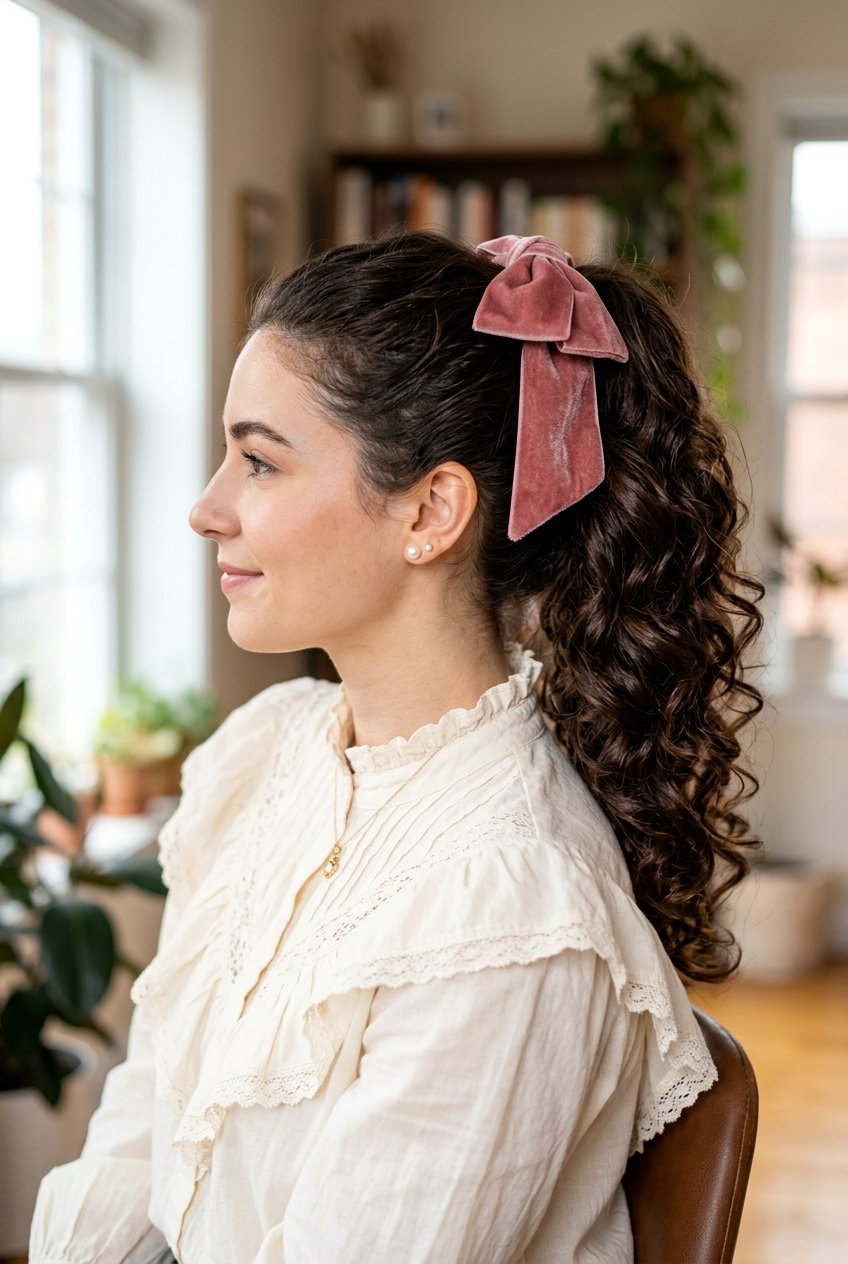 Soft Girl Ponytail With Velvet Bow - 20 soft girl ponytail with curls - 20 soft girl ponytail with curls