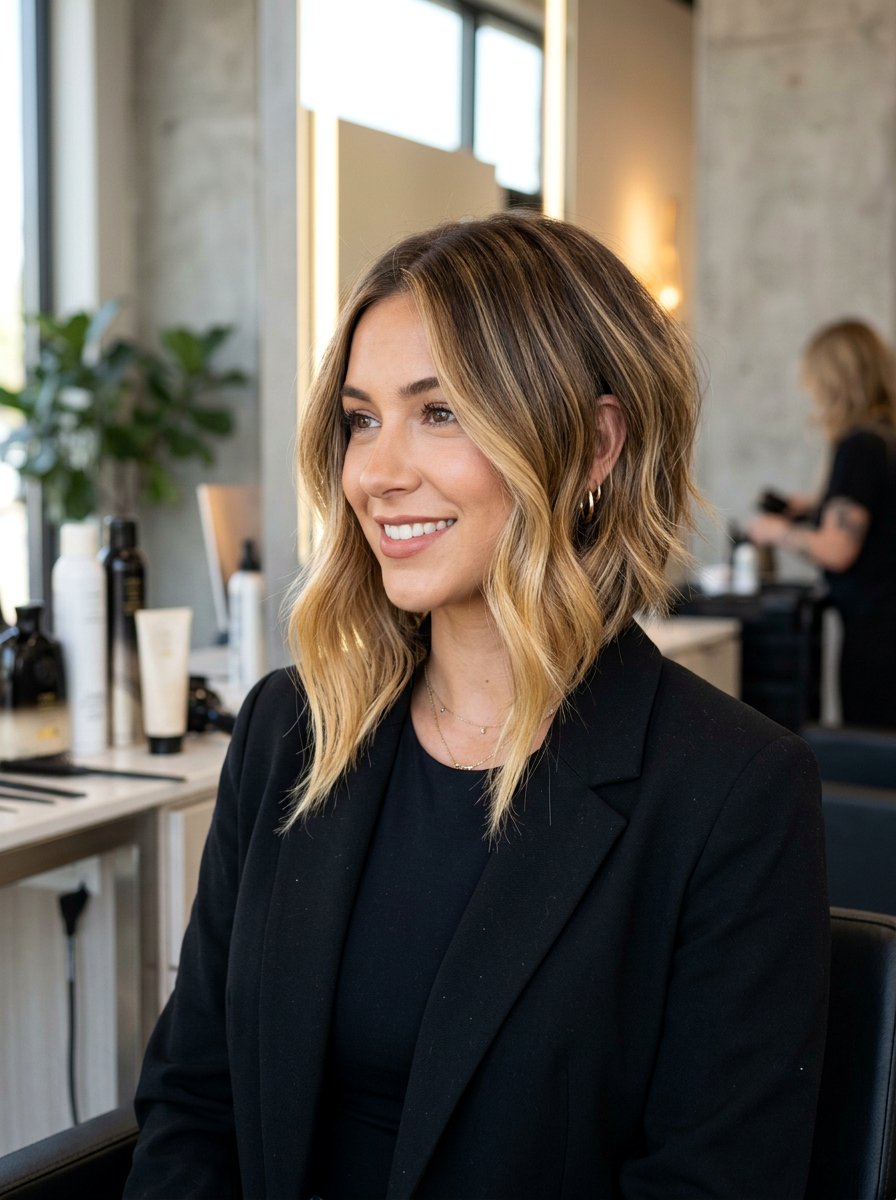 Soft Gold Blonde Balayage on Asymmetrical Bob - 20 soft gold blonde balayage - 20 soft gold blonde balayage