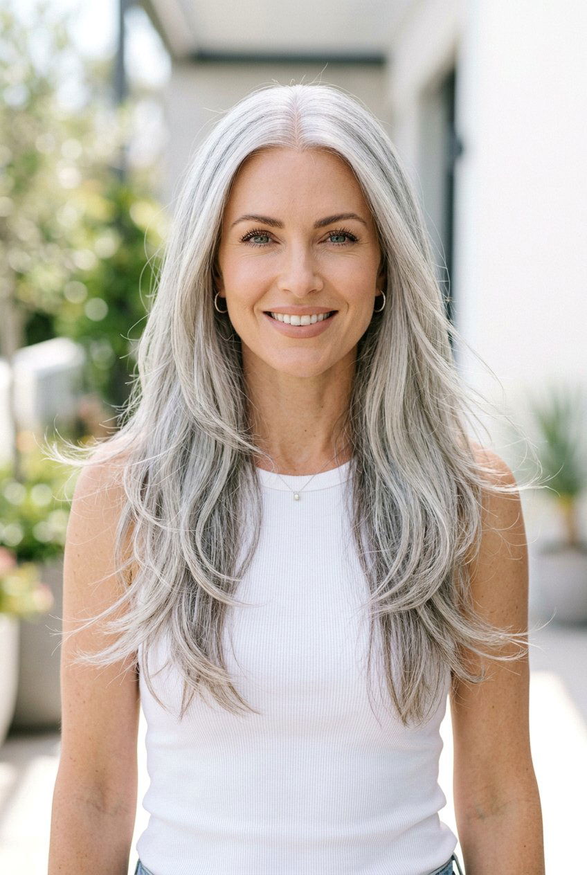 Soft Gray Layers With A Middle Part - 20 gentle layers for naturally gray hair - 20 gentle layers for naturally gray hair