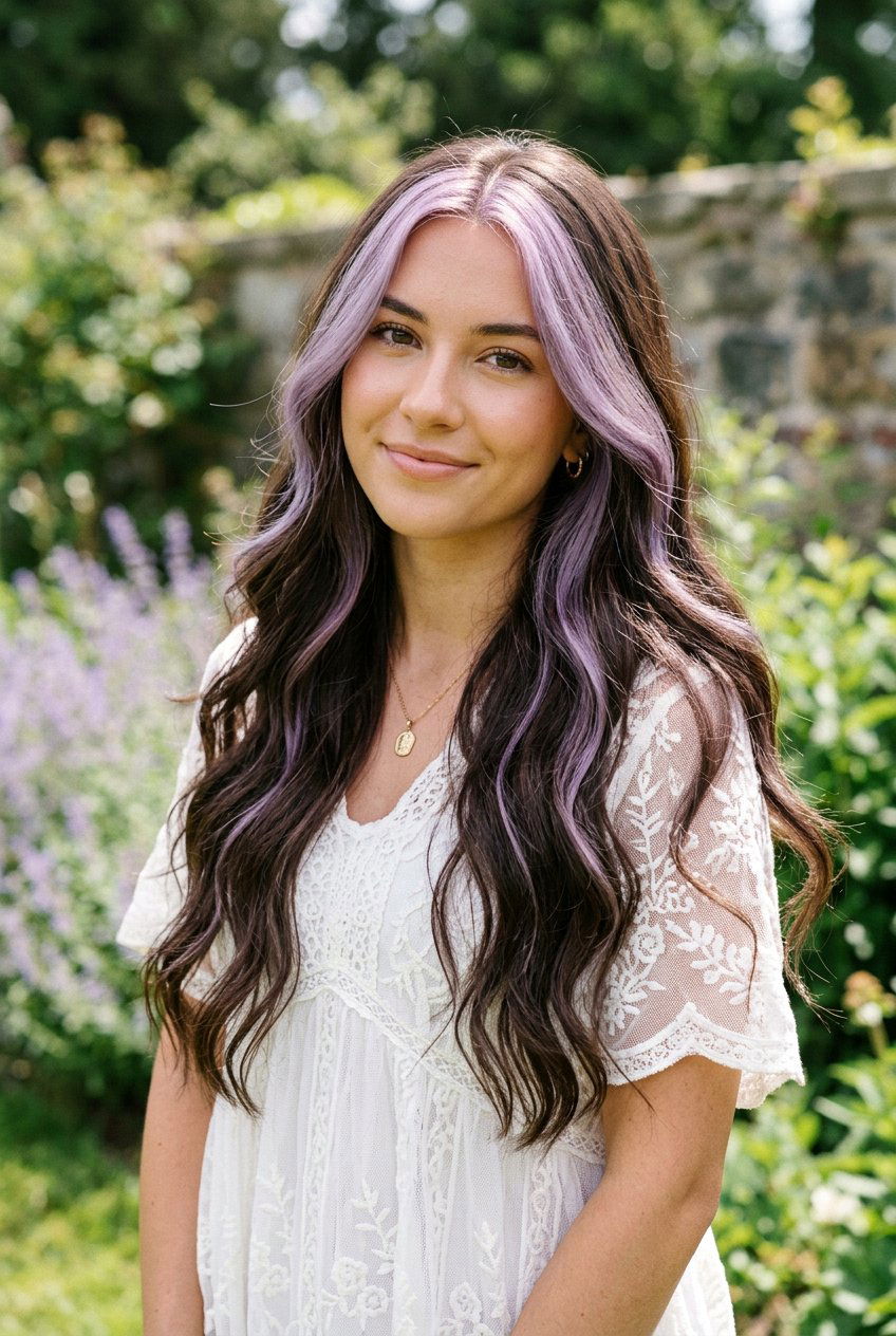 Soft Lavender Money Piece On Long Dark Hair - 20 lilac money piece on dark hair - 20 lilac money piece on dark hair