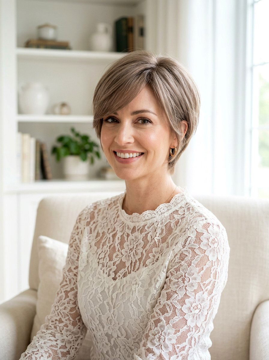 Soft Layered Pixie With Side Sweep - 20 layered pixie with side fringe - 20 layered pixie with side fringe