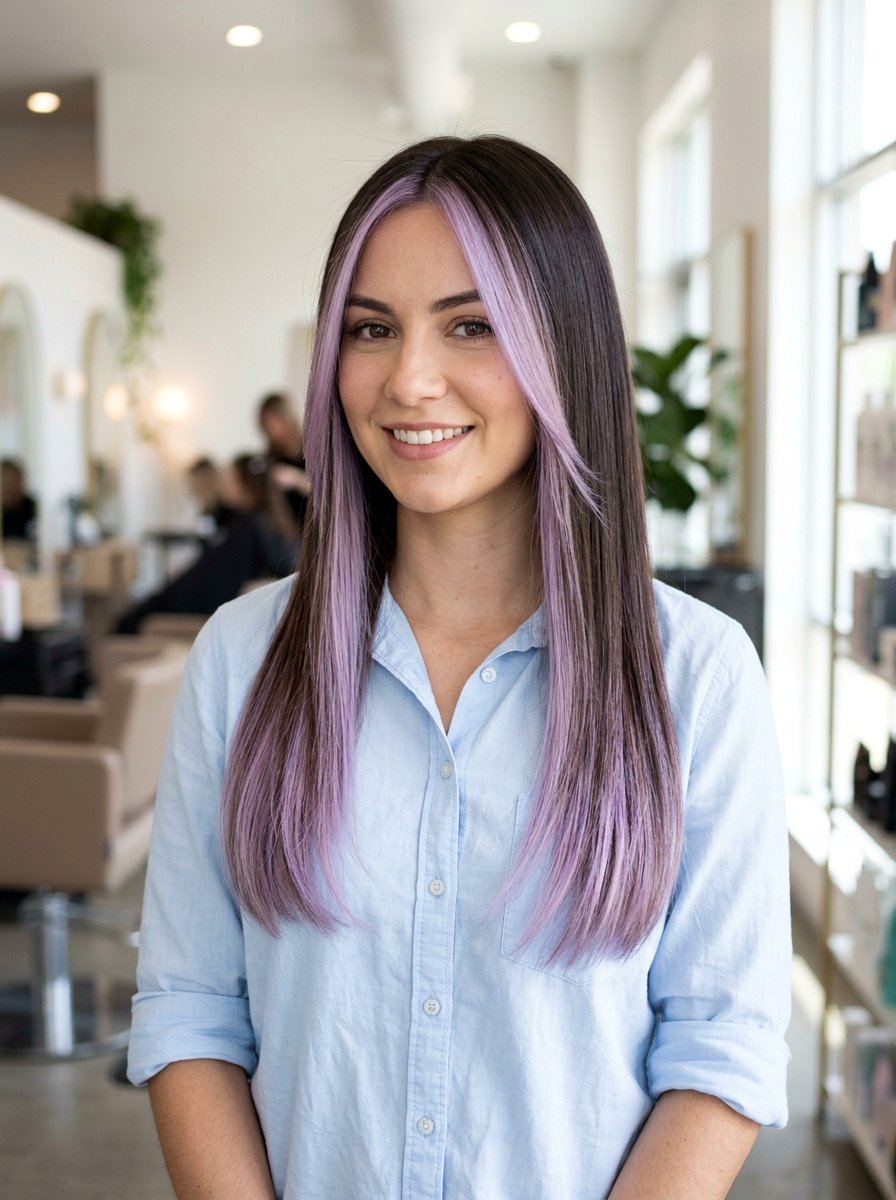 Soft Lilac Balayage on Brunette Hair - 20 purple balayage with black roots - 20 purple balayage with black roots