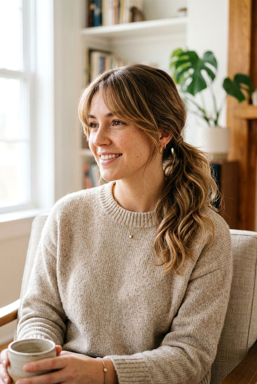 Soft Low Ponytail With Side Bangs - 20 soft low ponytail hairstyle - 20 soft low ponytail hairstyle