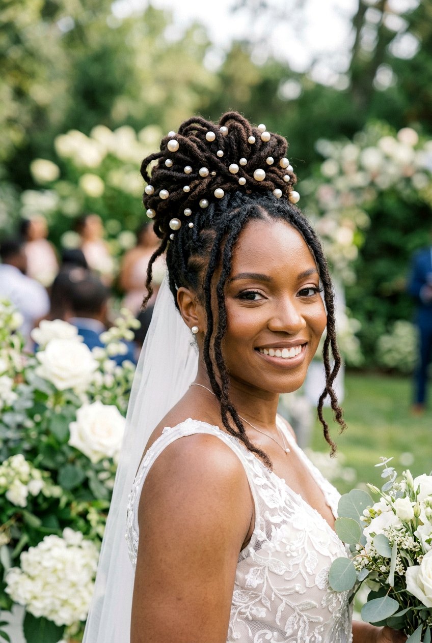 Soft Messy Loc Bun with Pearls - 20 bridal loc bun with pearls - 20 bridal loc bun with pearls
