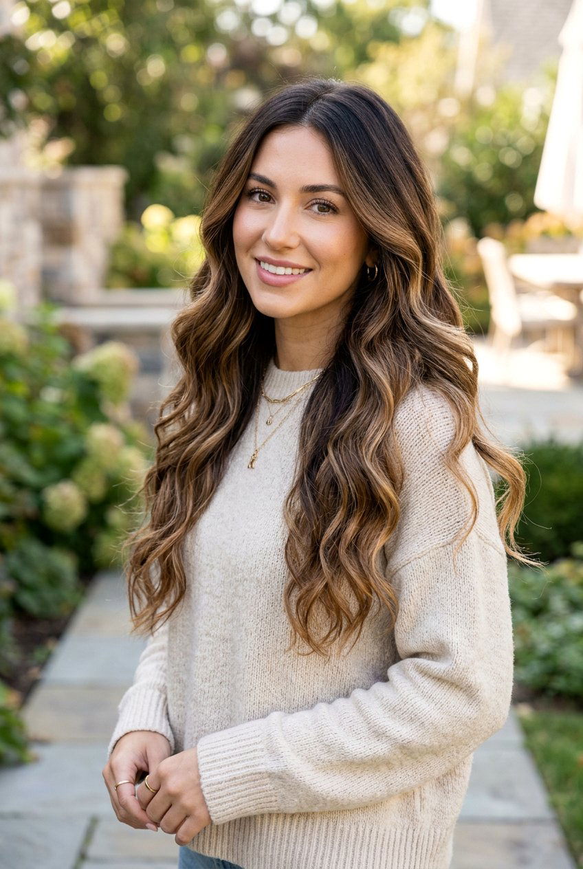 Soft Mocha Caramel Balayage On Long Waves - 20 mocha balayage on dark hair - 20 mocha balayage on dark hair