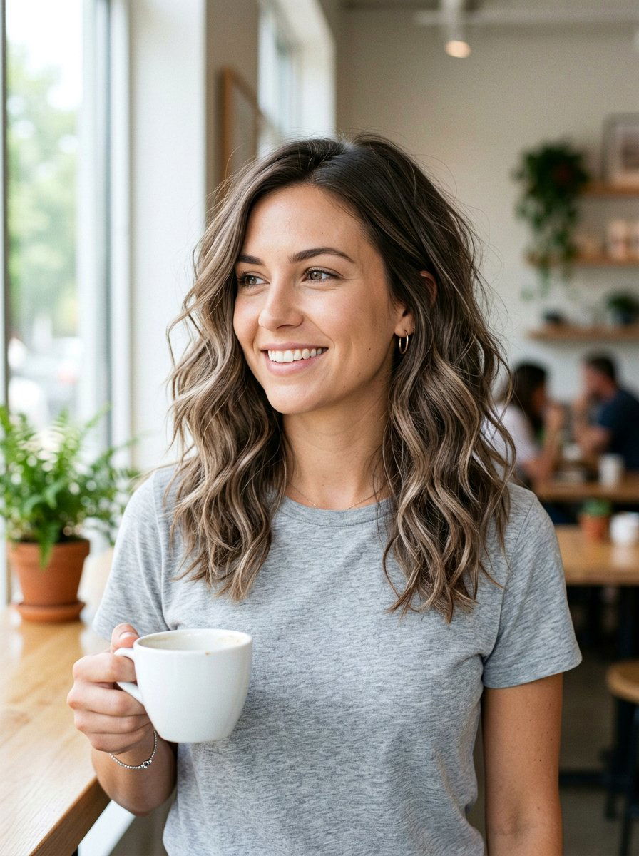 Soft Mushroom Brown Balayage On Wavy Medium Hair - 20 soft mushroom brown balayage - 20 soft mushroom brown balayage