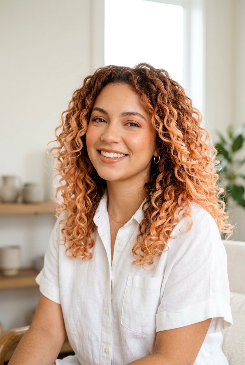 Soft Peach Copper Balayage - 20 copper balayage for curly hair women - 20 copper balayage for curly hair women