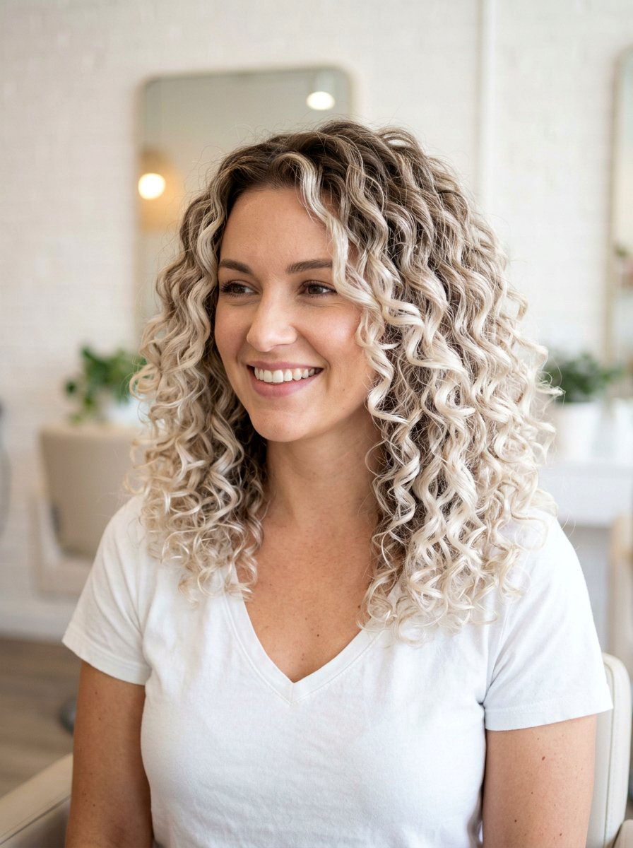 Soft Platinum Balayage On Curly Hair - 20 soft platinum balayage - 20 soft platinum balayage