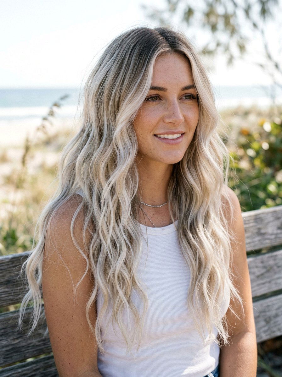 Soft Platinum Balayage On Wavy Hair - 20 soft platinum balayage - 20 soft platinum balayage