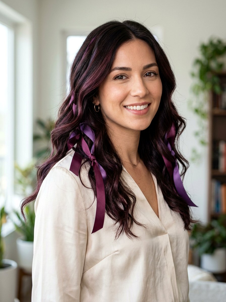Soft Plum Burgundy Ribbon Highlights - 20 plum burgundy highlights on dark hair - 20 plum burgundy highlights on dark hair