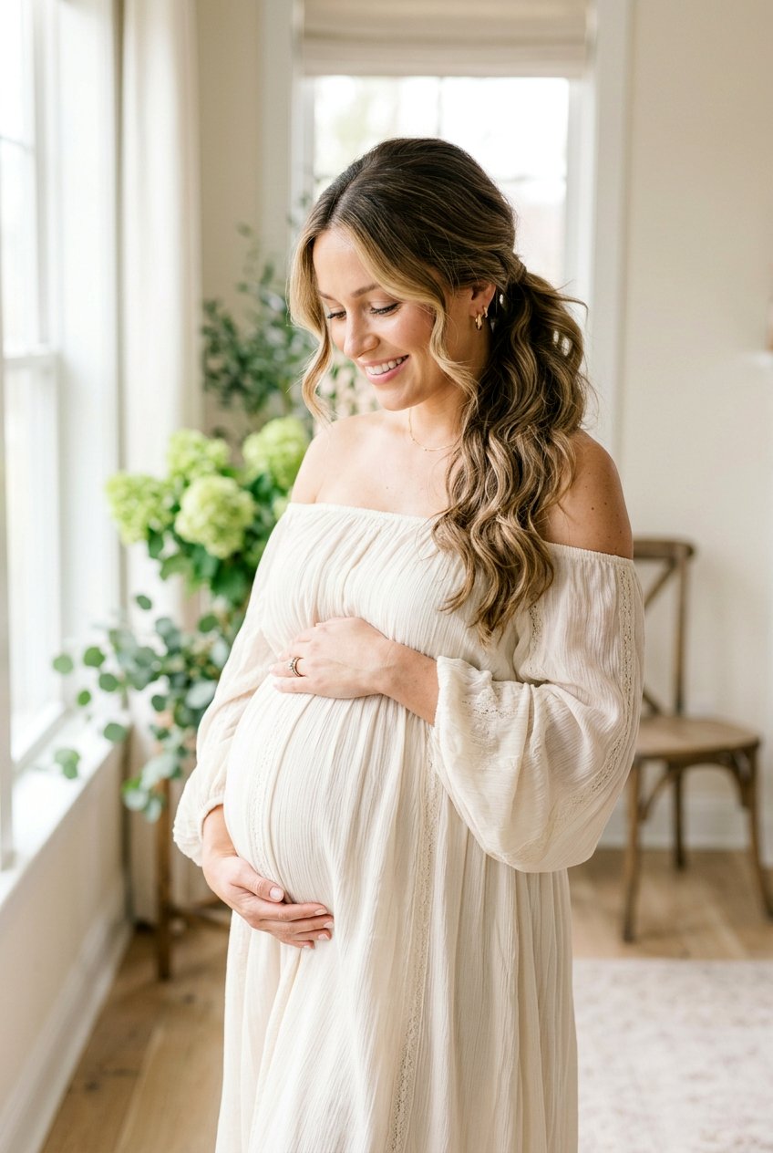 Soft Ponytail With Face Framing Pieces - 20 maternity photo shoot hairstyles - 20 maternity photo shoot hairstyles