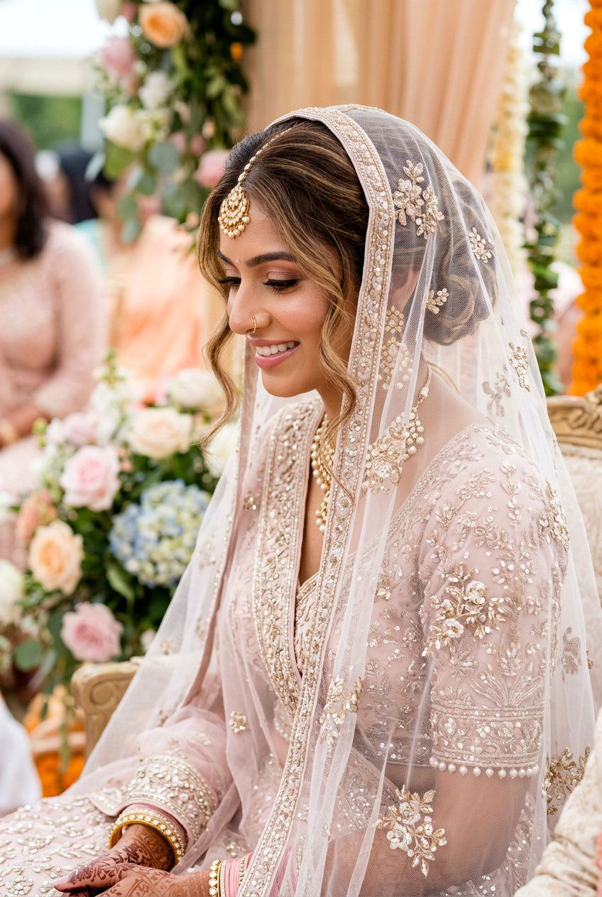 Soft Romantic Bun With Loose Strands Under Dupatta - 20 bridal hairstyles with dupatta - 20 bridal hairstyles with dupatta