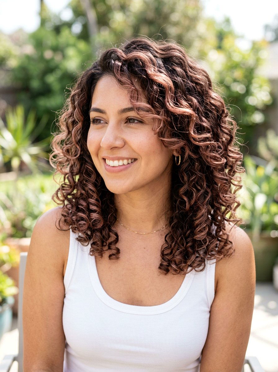 Soft Rose Brown Balayage On Curly Hair - 20 soft rose brown balayage - 20 soft rose brown balayage