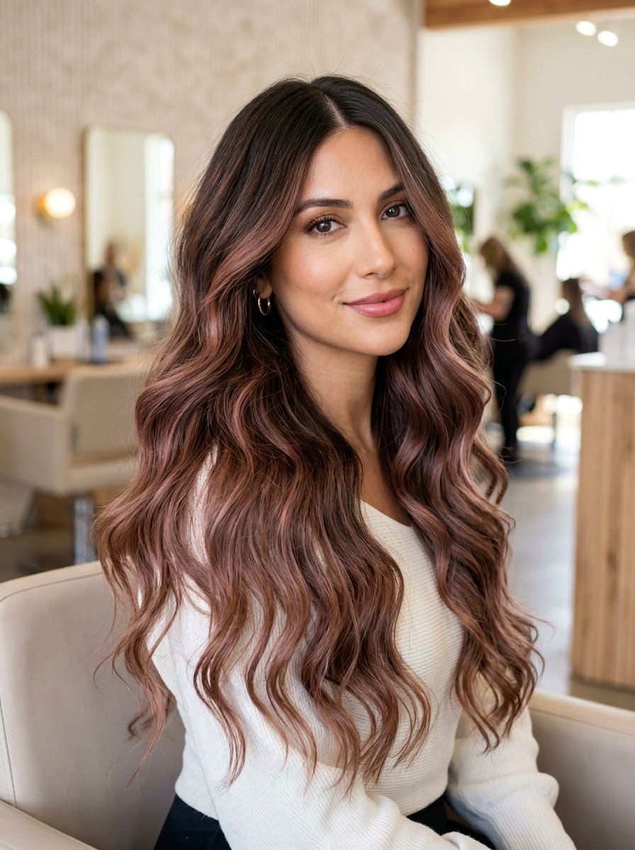 Soft Rose Brown Balayage On Long Wavy Hair - 20 soft rose brown balayage - 20 soft rose brown balayage