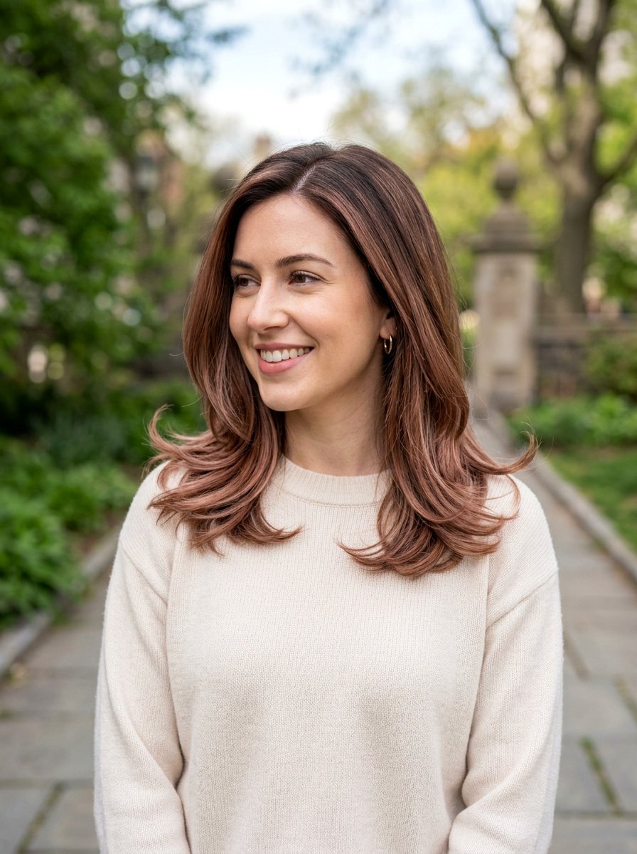 Soft Rose Brown Balayage On Shoulder Length Hair - 20 soft rose brown balayage - 20 soft rose brown balayage