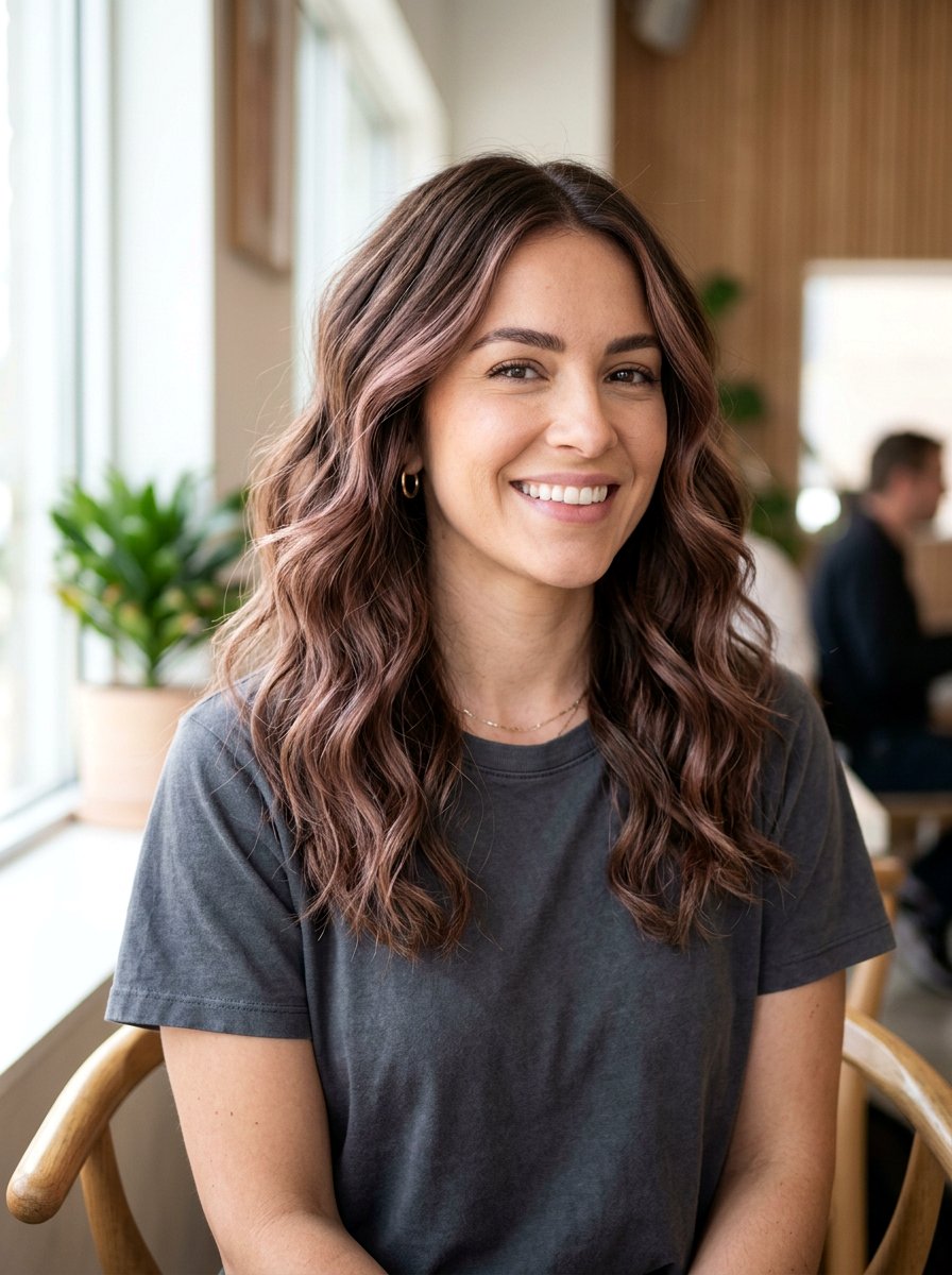 Soft Rose Brown Balayage On Wavy Hair - 20 soft rose brown balayage - 20 soft rose brown balayage