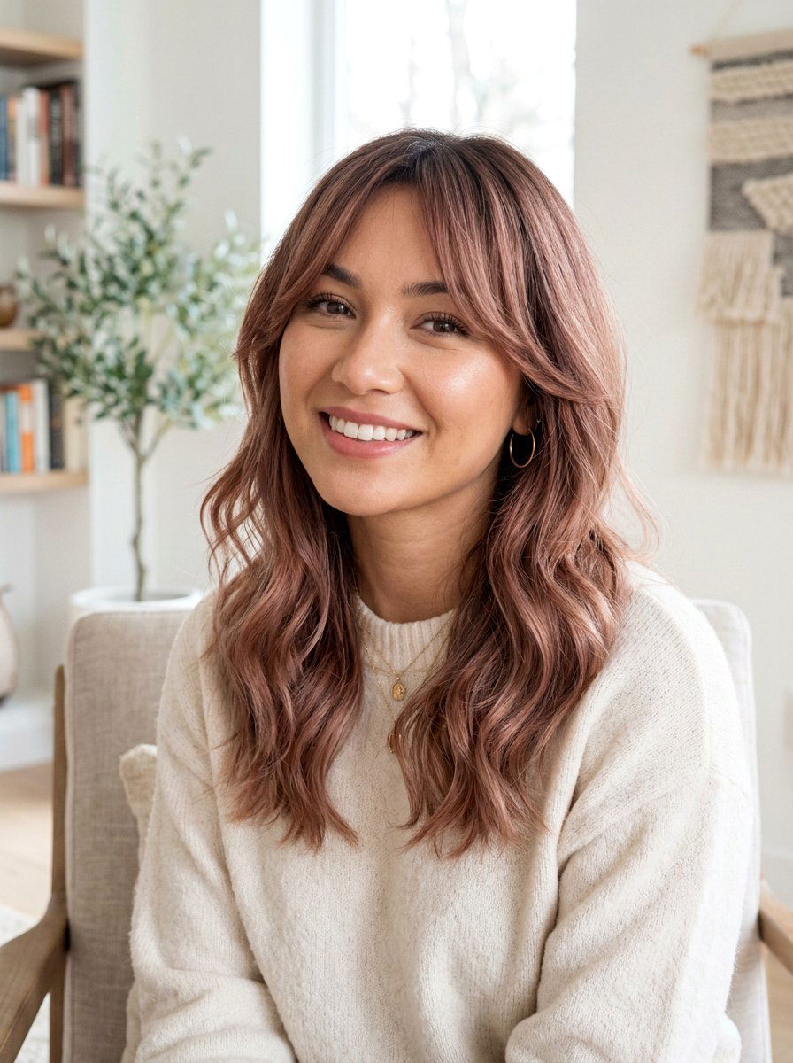 Soft Rose Brown Balayage With Curtain Bangs - 20 soft rose brown balayage - 20 soft rose brown balayage