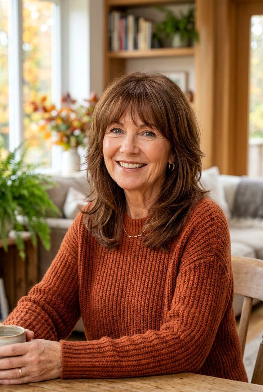 Soft Textured Chestnut Shag - 20 medium shag for women over 60 with bangs - 20 medium shag for women over 60 with bangs