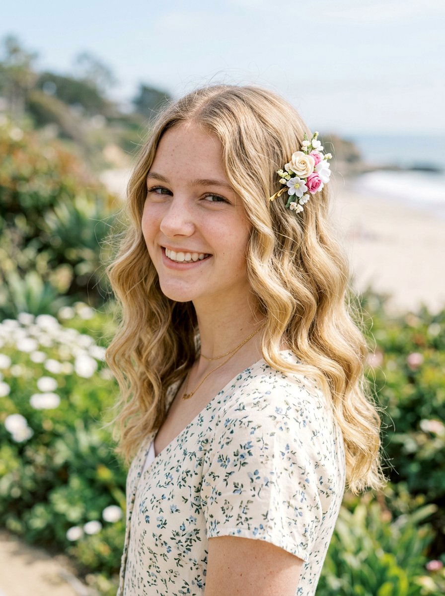Soft Waves With A Floral Clip - 20 teen girls picture day hairstyle with curls - 20 teen girls picture day hairstyle with curls