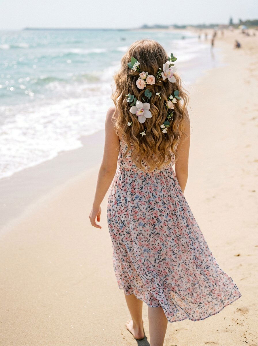 Soft Waves With Fresh Flower Hair Pins - 20 soft waves with flower clips - 20 soft waves with flower clips