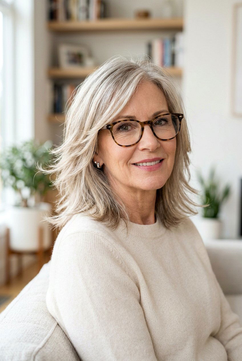 Soft feathered layers for fine hair - 20 hairstyles for women over 50 with glasses - 20 hairstyles for women over 50 with glasses