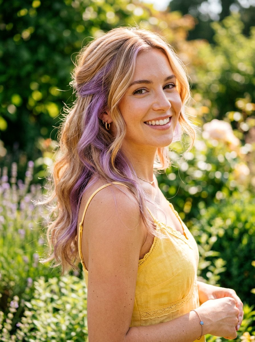 Soft lavender peekaboo on golden blonde hair - 20 lavender underlayer on blonde hair - 20 lavender underlayer on blonde hair