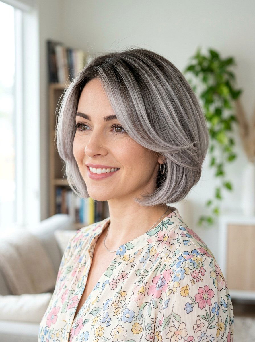 Soft silver balayage rounded bob - 20 silver balayage bob haircut - 20 silver balayage bob haircut