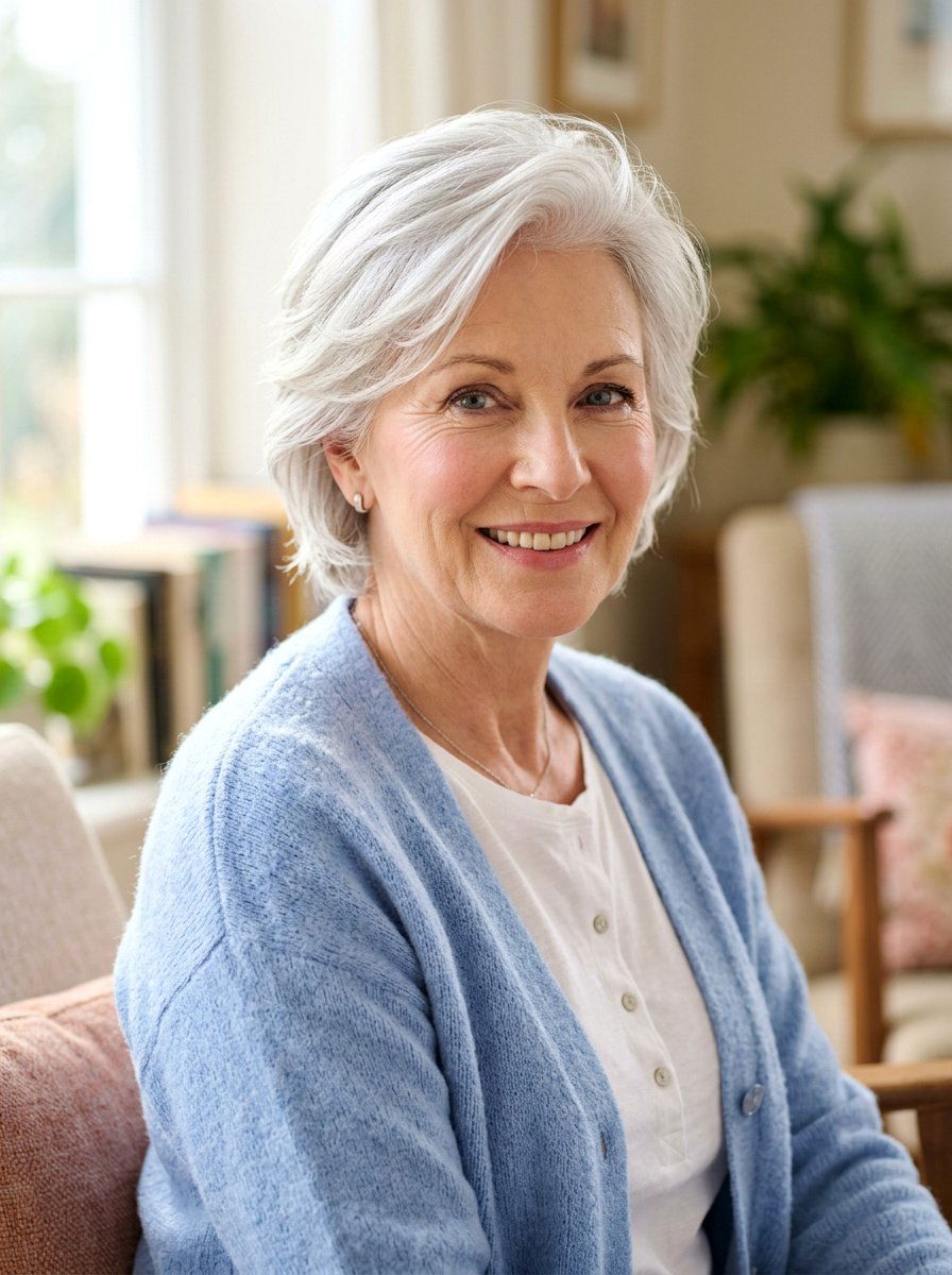 Soft silver feathered hair - 20 shoulder length gray layered haircut - 20 shoulder length gray layered haircut