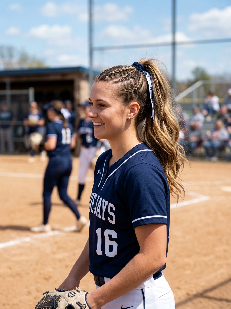 Softball Ponytail With Mini Accent Braids - 20 softball braid ponytail - 20 softball braid ponytail