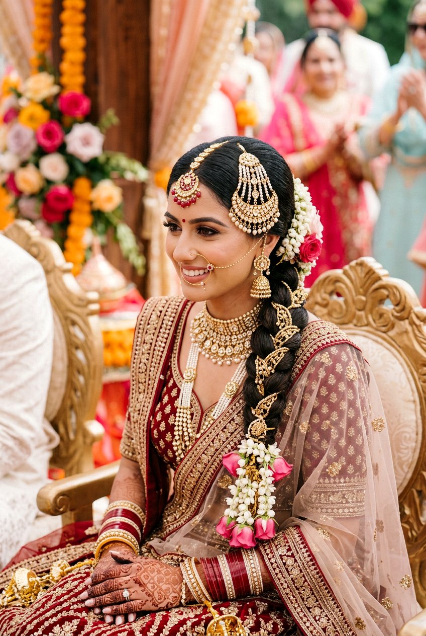 South Asian Bridal Braid With Maang Tikka And Passa - 20 south asian bridal braid hairstyle - 20 south asian bridal braid hairstyle