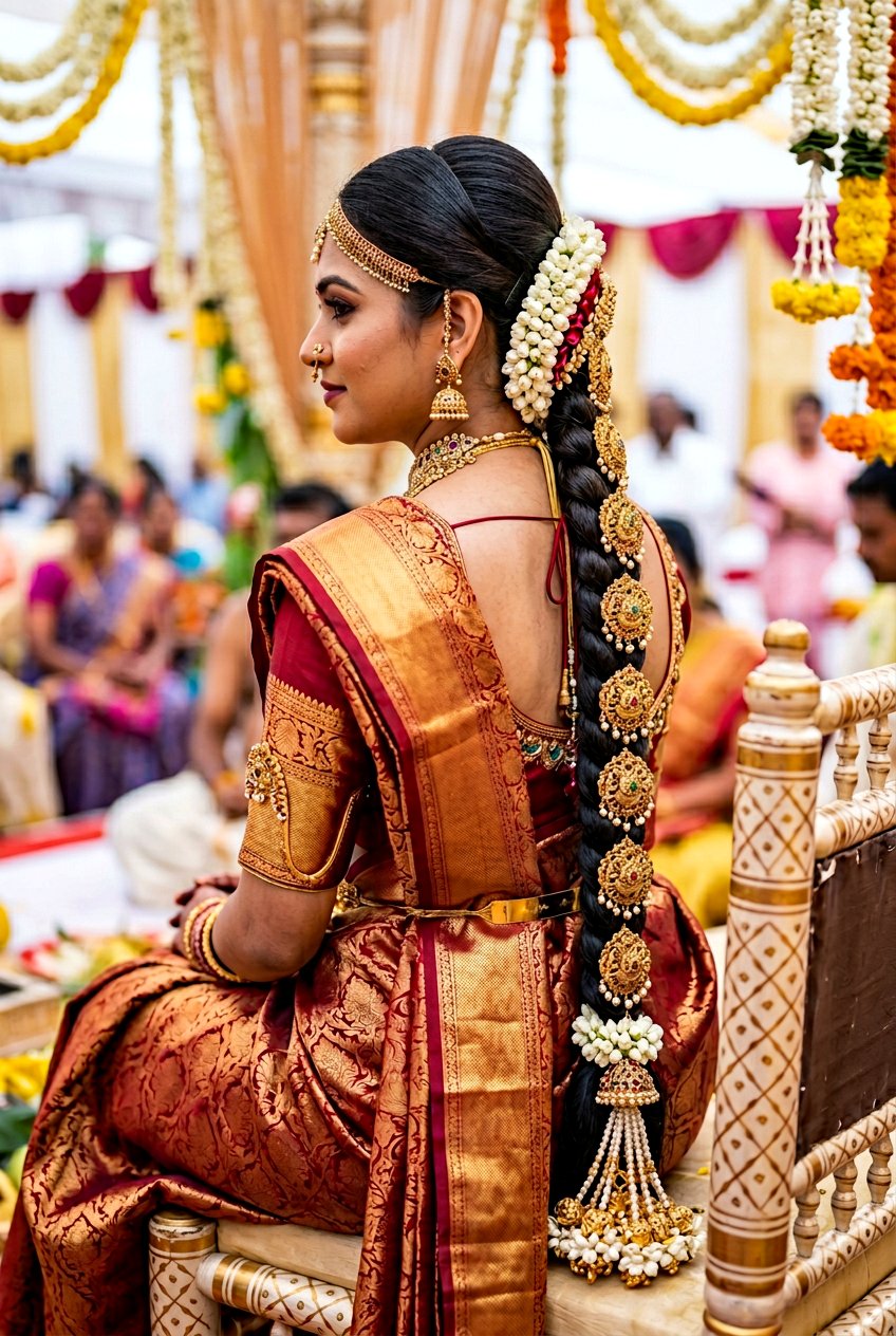 South Indian Bridal Braid With Gold Jada Billalu - 20 south asian bridal braid hairstyle - 20 south asian bridal braid hairstyle