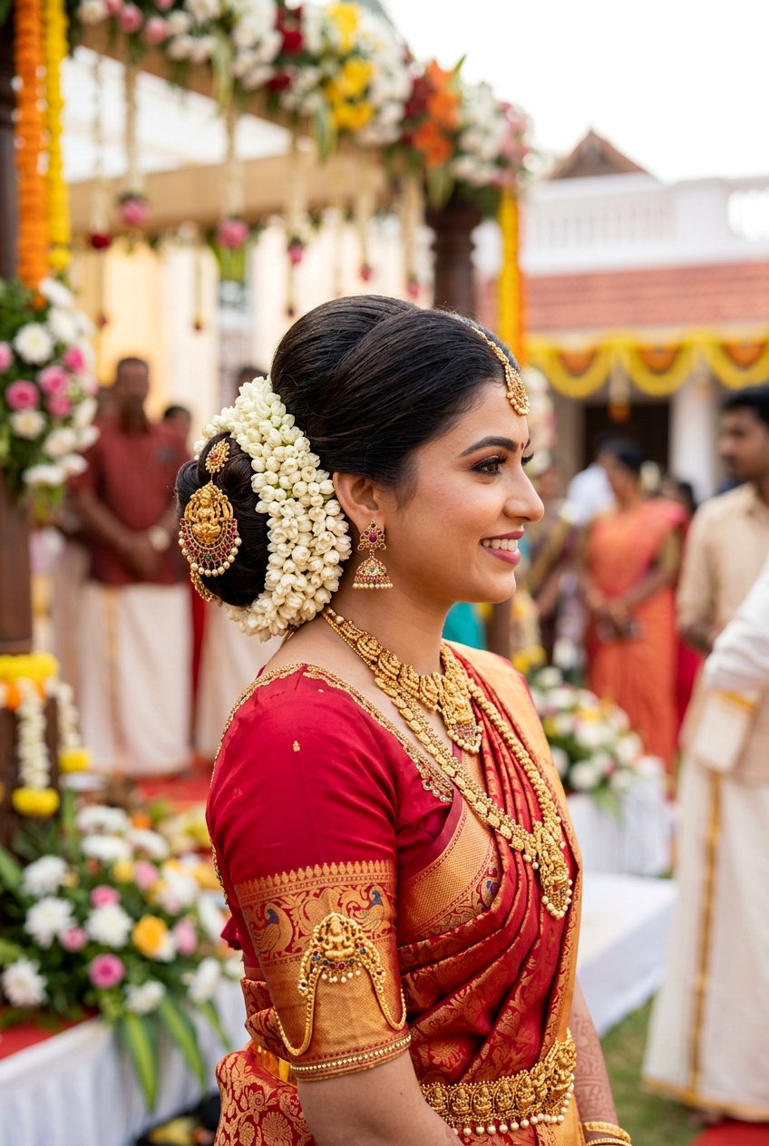 South Indian Bridal Bun With Temple Jewelry - 20 desi bridal bun hairstyle - 20 desi bridal bun hairstyle