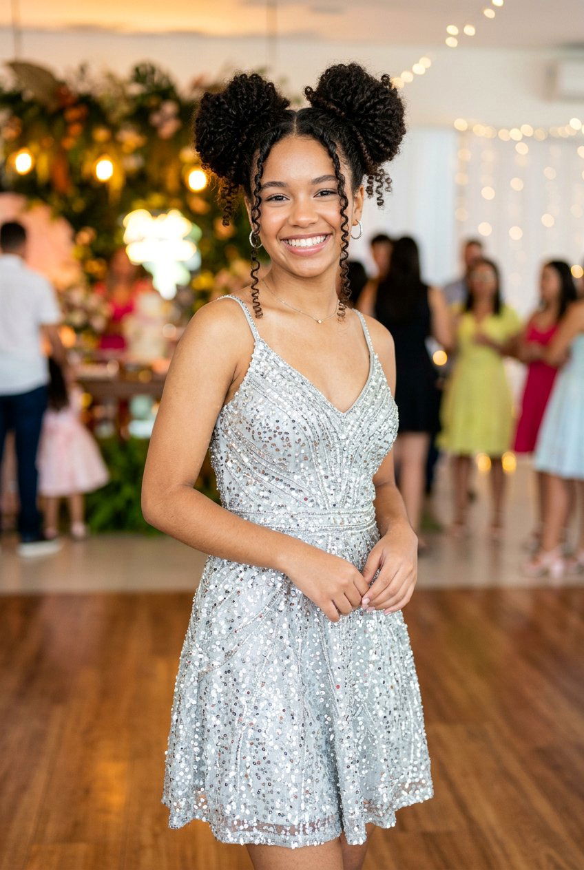 Space Bun Curly Look - 20 prom hairstyle for teenage girls with curls - 20 prom hairstyle for teenage girls with curls