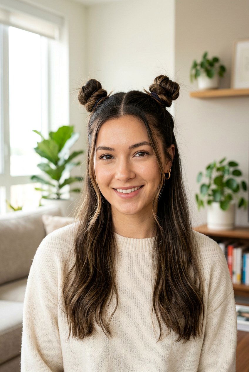 Space Bun Half Up - 20 school hairstyle for shoulder length fine hair - 20 school hairstyle for shoulder length fine hair