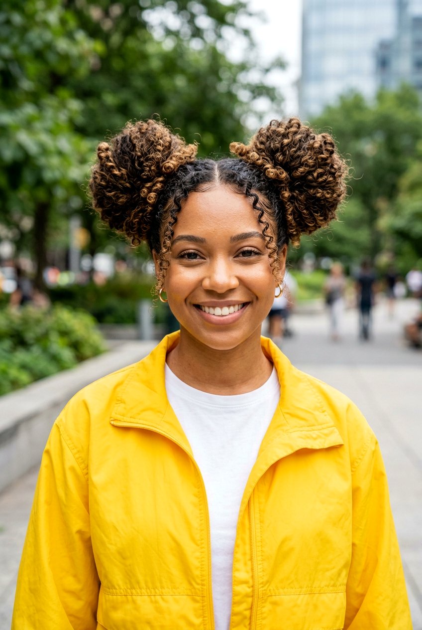 Space Buns - 20 hiking hairstyle for curly hair women - 20 hiking hairstyle for curly hair women