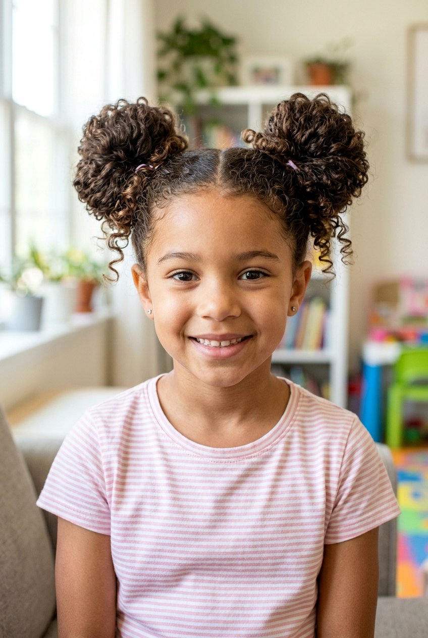 Space Buns - 20 picture day hairstyle for curly hair girls - 20 picture day hairstyle for curly hair girls