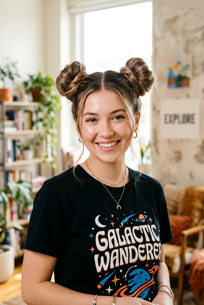 Space Buns - 20 travel hairstyle for shoulder length hair - 20 travel hairstyle for shoulder length hair