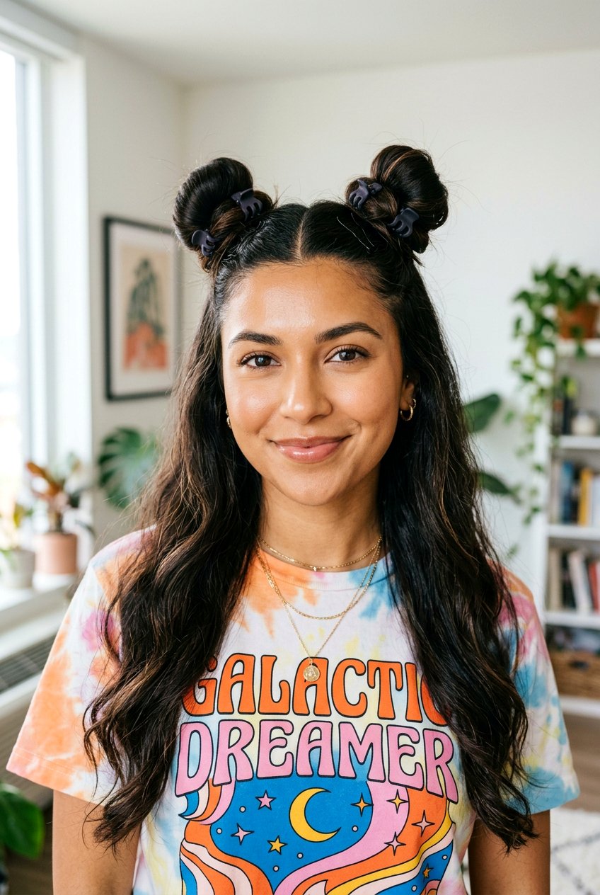 Space Buns - 20 easy claw clip hairstyles for long hair - 20 easy claw clip hairstyles for long hair