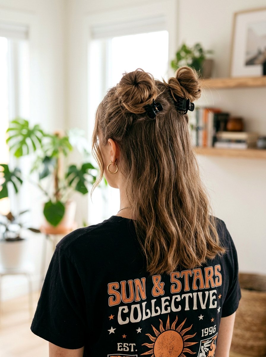 Space Buns Half Up Claw Clip - 20 school half up claw clip hairstyle - 20 school half up claw clip hairstyle