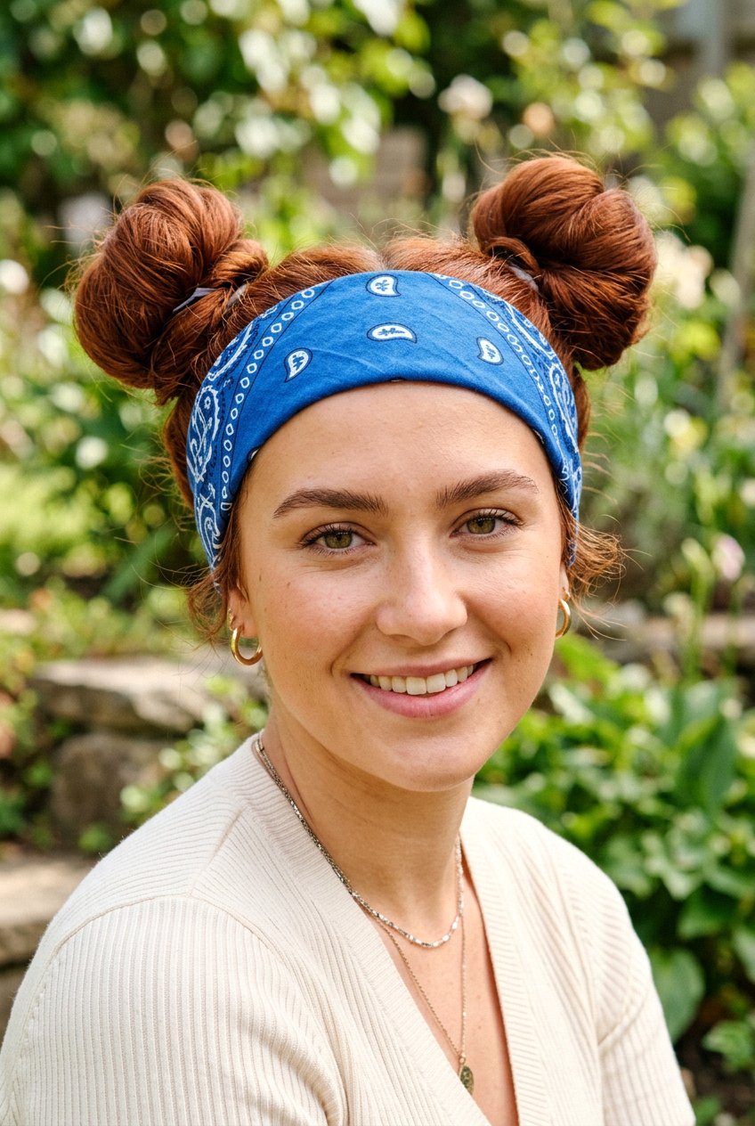 Space Buns With Bandana - 20 bandana bun hairstyle - 20 bandana bun hairstyle