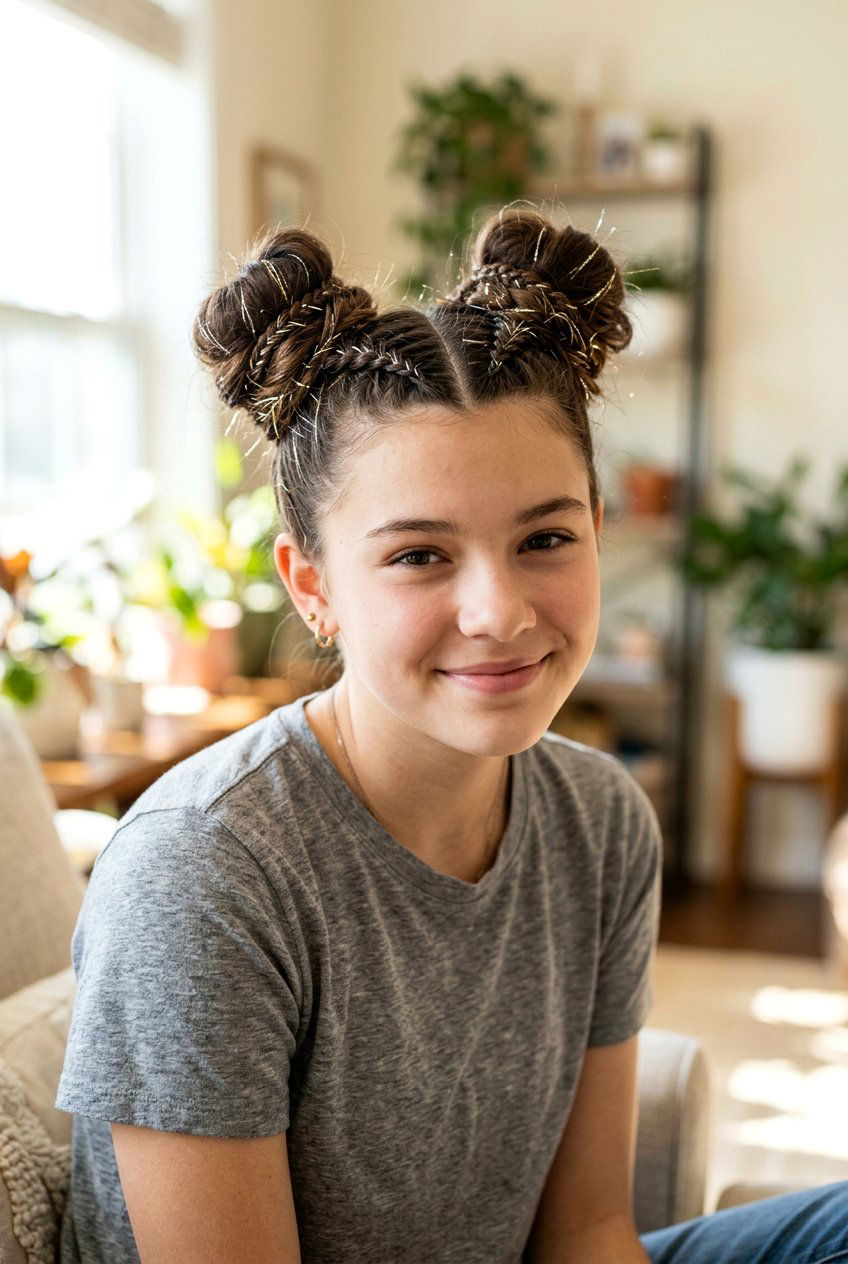 Space Buns With Braids - 20 birthday hairstyle for teenage girls - 20 birthday hairstyle for teenage girls