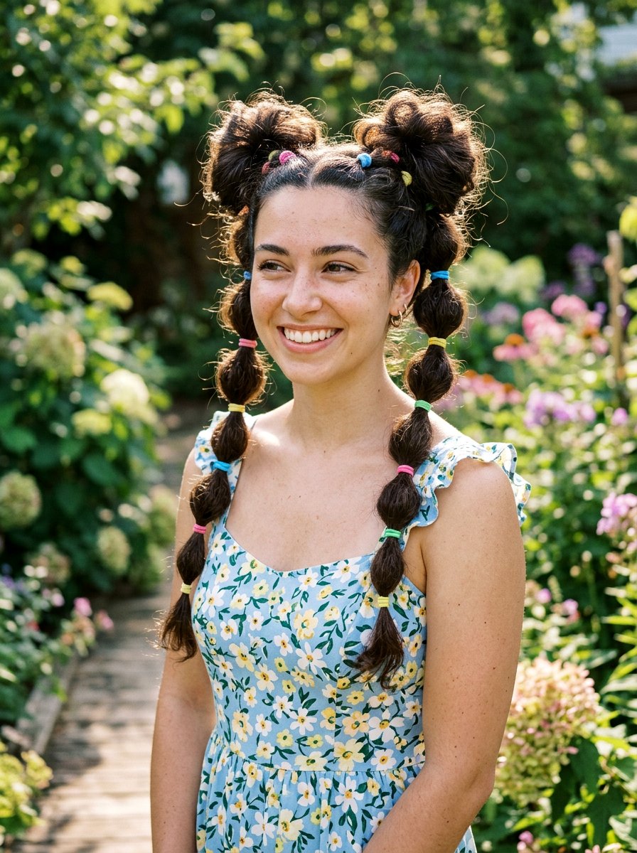 Space Buns With Bubble Braid Ponytail - 20 vacation hairstyle with bubble braid ponytail - 20 vacation hairstyle with bubble braid ponytail
