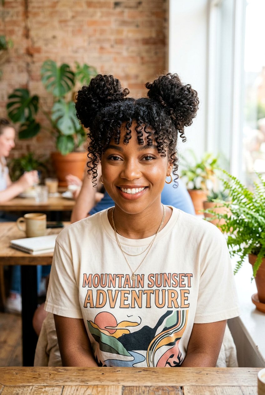 Space Buns With Curly Bangs - 20 natural hair bangs styles - 20 natural hair bangs styles