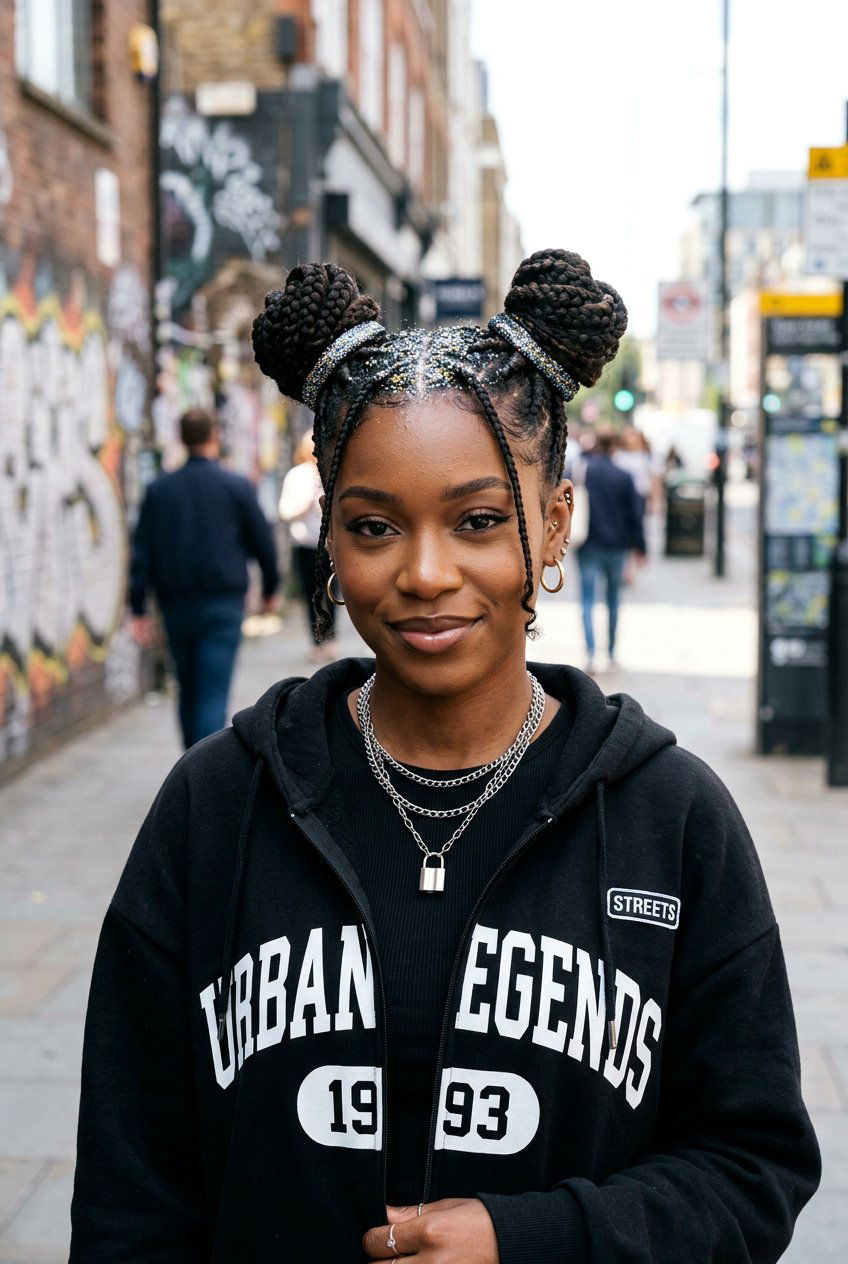 Space Buns With Glitter Braids - 20 glitter braid hairstyles - 20 glitter braid hairstyles