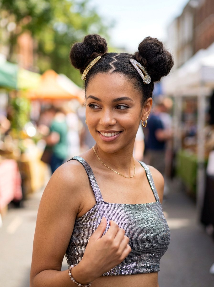 Space Buns With Glitter Clips - 20 party hairstyle with glitter clips - 20 party hairstyle with glitter clips