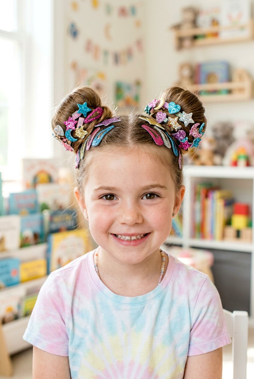 Space Buns With Glitter Clips - 20 cute clip hairstyles for girls - 20 cute clip hairstyles for girls