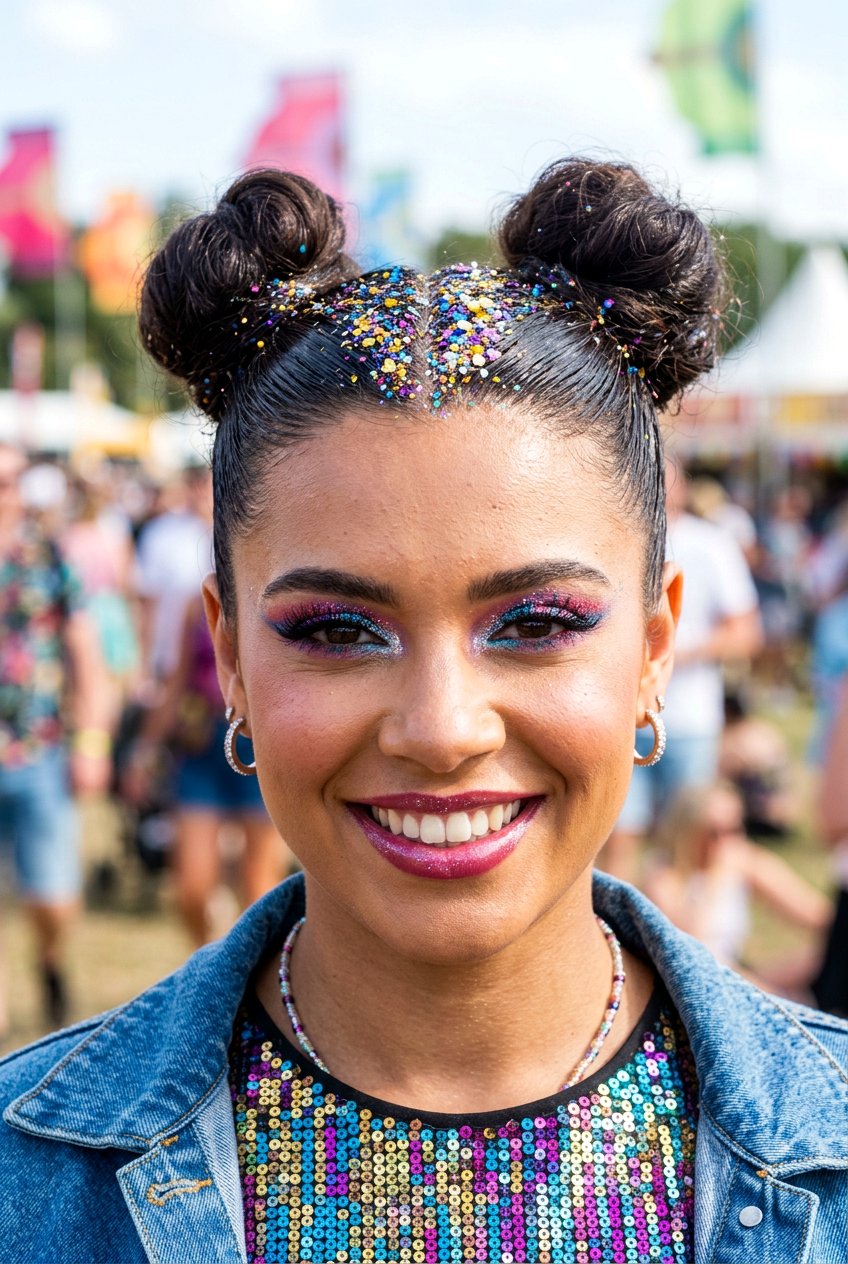 Space Buns With Glitter Roots - 20 rave hairstyles for women - 20 rave hairstyles for women