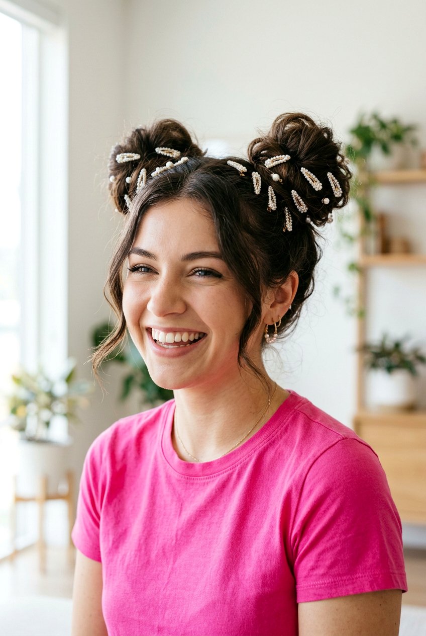 Space Buns With Mini Pearl Clips - 20 school hairstyle with pearl clips - 20 school hairstyle with pearl clips