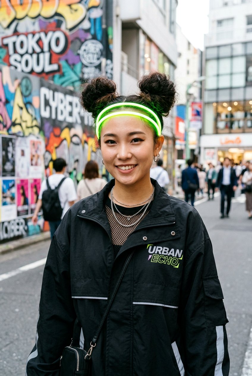 Space Buns With Neon Headband - 20 headband bun hairstyle - 20 headband bun hairstyle